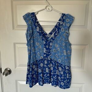 NWT Loft Blue Top - v-neck, ruffle sleeve and two gorgeous shades of blue